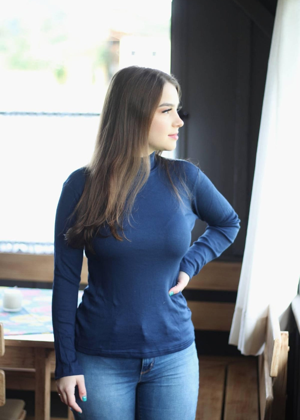 Blusa Feminina Básica Manga Longa Gola Alta