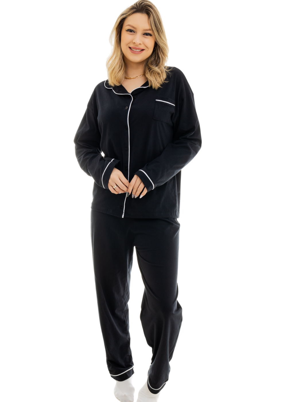 Pijama Feminino Adulto Moletom Manga Longa Meia Estação