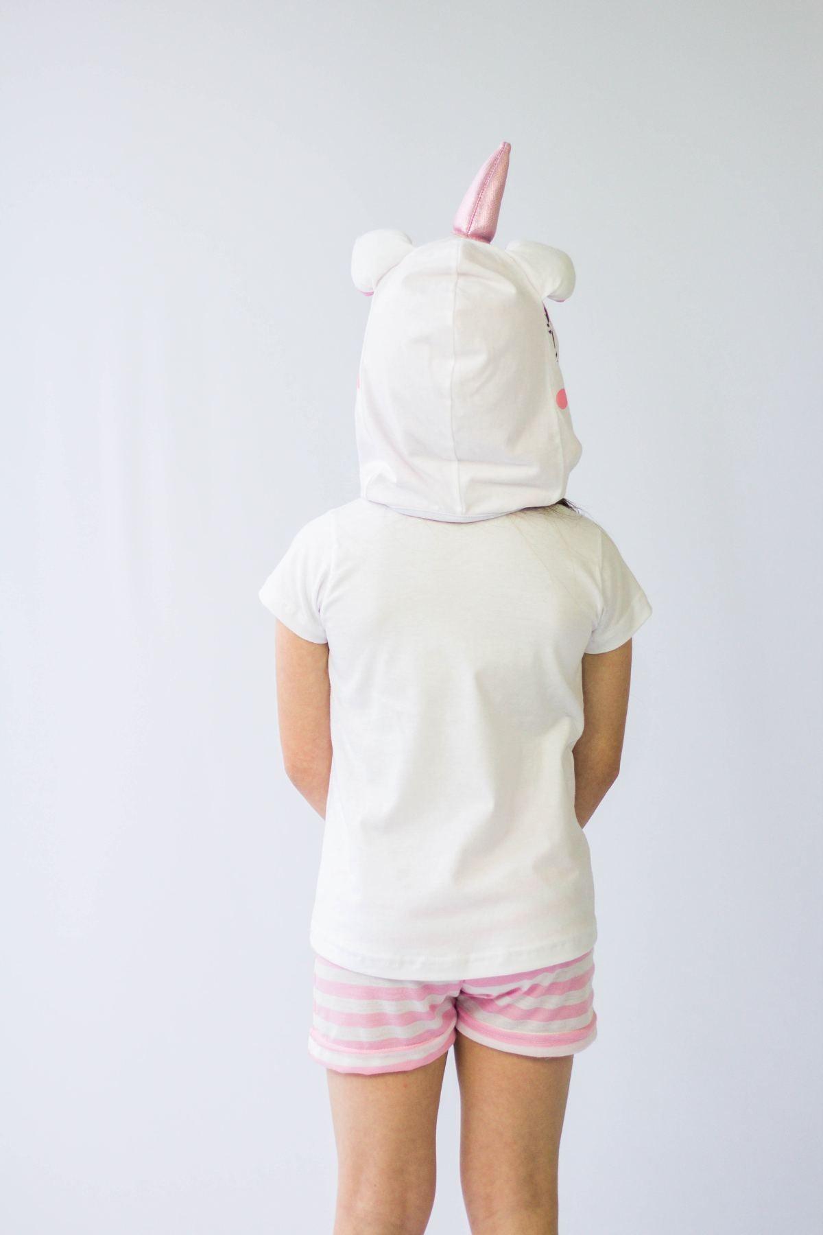 Conjunto Pijama Verão Feminino Infantil Unicórnio Capuz Brilha no Escuro - Cia da Malha
