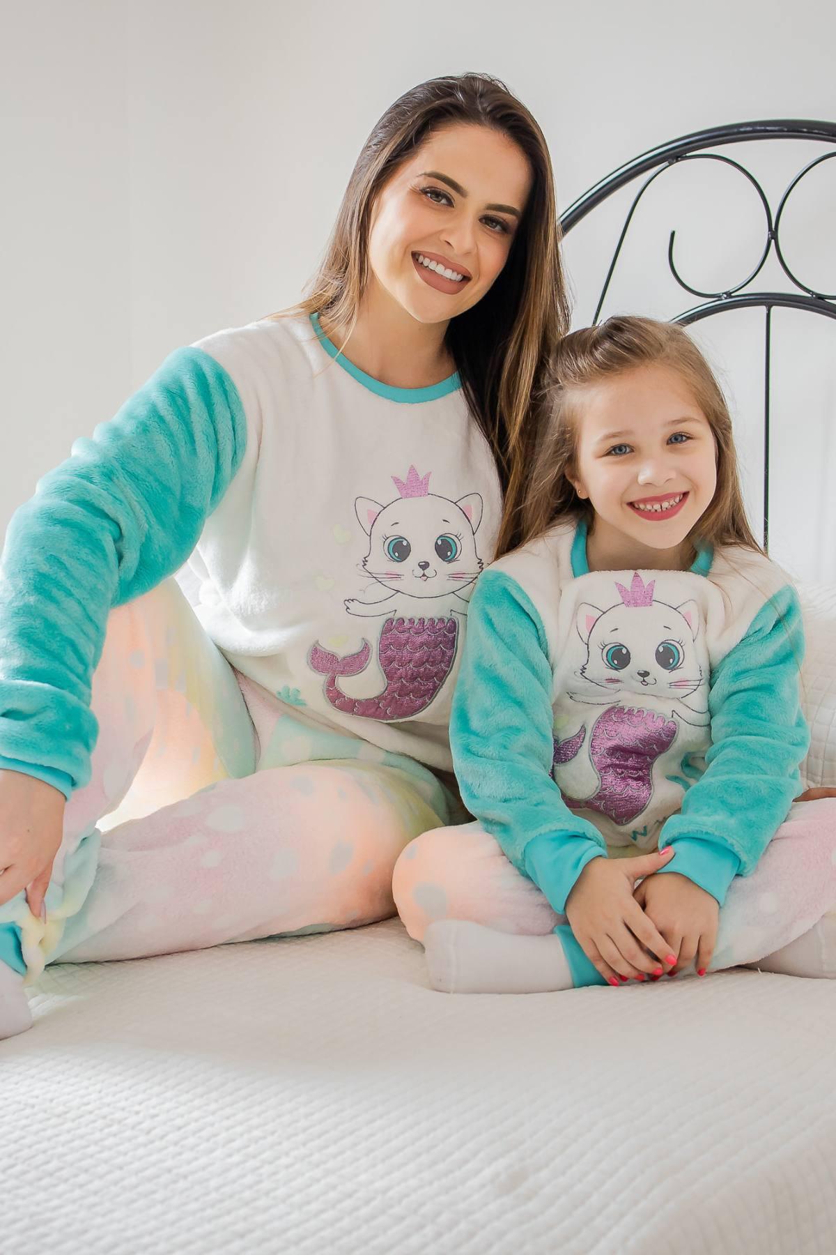 Pijama Inverno Fleece Gato Sereia Brilha No Escuro - Cia da Malha